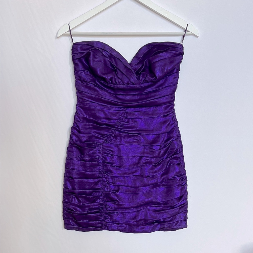Zara Purple Strapless Satin Fitted Mini Dress ruffled ruching HOCO XXS (est)